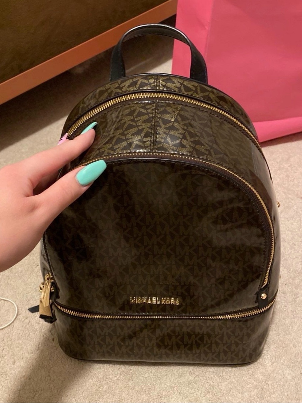 Michael Kors Brown MK Logo Patent Dome Backpack with Gold Hardware